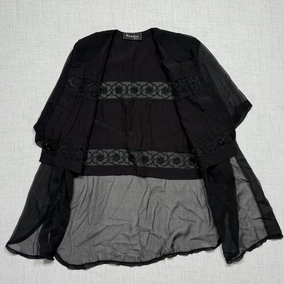 Vintage Sandro Paris Sheer Floral Embroidered Top Black Short Sleeves - Picture 4 of 14